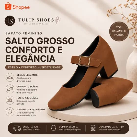 Sapato Feminino Bico quadrado Salto Grosso Caramelo Marrom Solado Preto Ajuste Fivela