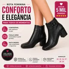 Bota Feminina Cano Curto Salto Grosso Confortável Bico Quadrado Fivela Elegante Dia a Dia