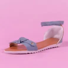 Sandália rasteirinha azul juta confortável com laço coração dourado fivela traseiro fechado moda feminina