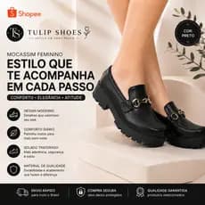 Mocassim Feminino Sapato Social Preto Solado Alto Expandido Casual
