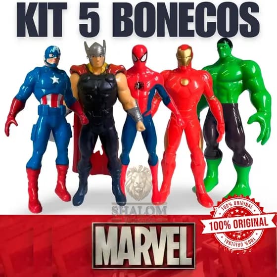 Kit 5 Bonecos Colecionáveis Super Heróis Vingadores Homem De Ferro Homem Aranha Hulk Thor