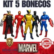 Kit 5 Bonecos Marvel Vingadores Thor Homem De Ferro Wolverine Capitão América Pantera Negra