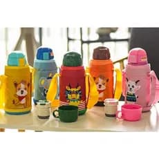 Garrafa Térmica Infantil Inox 500ML Com Canudo Bico de Silicone Bolsa Alça Ajustável Copo 2 em 1