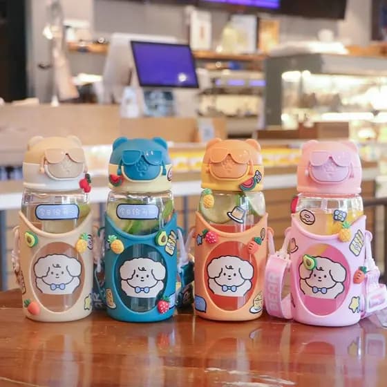 Garrafinha de Água Infantil com Trava de Óculos Canudo Silicone Alça Ajustável Adesivos Garrafa de Suco