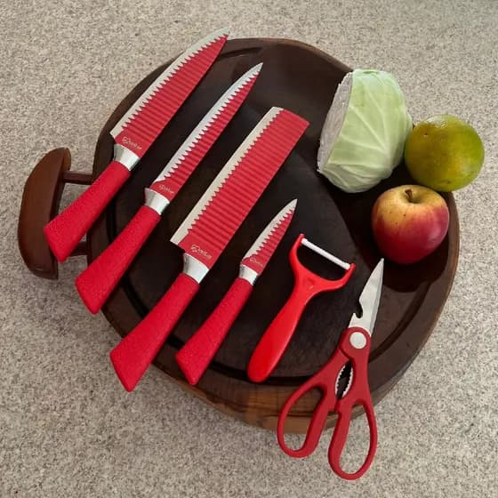 Kit Jogo Facas 6 peças Inox Descascador Tesoura Churrasco Cozinha