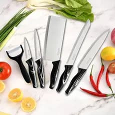 Kit Jogo Facas 6 peças Inox Descascador Churrasco Cozinha Cabo Premium Mármore Madeira