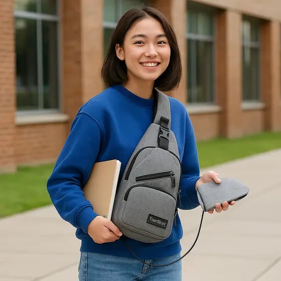 Bolsa Mochila Unissex Ombro Sling Bag Entrada USB Carrega Celular Carteira Documento Fone Antifurto