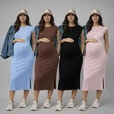 Vestido Midi Tubinho Gestante Muscle Tee Canelado/Ribana com Fenda para Gravida Regata Elegante