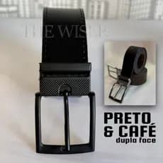 Cinto Dupla Face  - 125 CM Café/Preto Couro Rock Premium Costurado Fivela Preto All Black