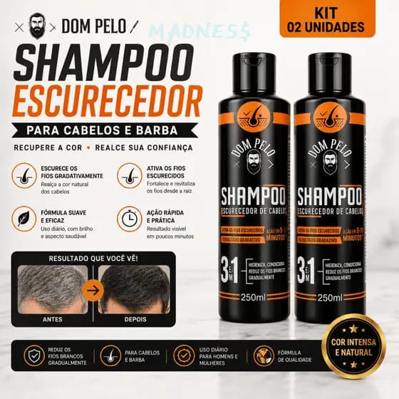 Shampoo Escurecedor Dom Pelo | Recupera a Cor dos Fios | Cabelo e Barba | Resultado Gradual | Kit 2 Unidades