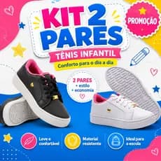 kit 2 Pares Tenis Infantil Menina Escolar Confortavel Coraçao sola macia e antiderrapante