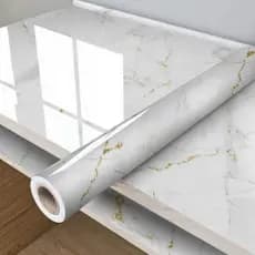 Adesivo Papel de Parede Lavável de Mármore Branco e Dourado- Papel de Parede Impermeável para Sala Cozinha e Banheiro