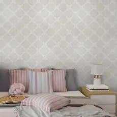 Papel de Parede Adesivo Arabesco Bege E Branco Para Sala Quarto Escritório - Rolo 1m