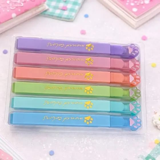 Kit 6 Marca Texto Patinha de Gato Tons Pastel Fofo Escolar Planner Canetas Marca Texto Coloridas