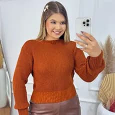 Blusa Cropped Tricot Fang Feminino Manga Longa Decote Redondo Punho Canelado Inverno Tricoliny Modas