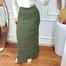 Saia Longa Tricot Rendada Ponto Crochê Texurizada Moda Verão Praia Piscina Forrada Tricoliny Modas