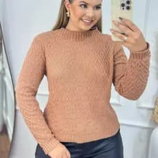 Blusa Feminina Tricot Inverno Decote Redondo Gola Texturizada Manga Longa Premium Tricoliny Modas