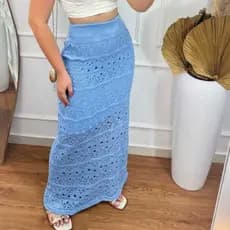 Saia Longa Tricot Rendada Ponto Crochê Texurizada Moda Verão Praia Piscina Forrada Tricoliny Modas