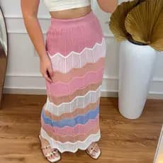 Saia Longa Tricot Rendada Ponto Crochê Colorida Moda Verão Praia Piscina Forrada Tricoliny Modas 1