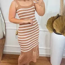 Vestido Tricot Midi Femino Listrado Decote Quadrado Renda na Barra Moda Verão Praia Tricoliny Modas