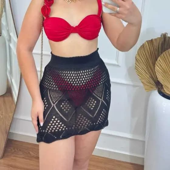 Saída curta de Praia Saia Tricot Crochê  Moda Praia Verão Cos com elástico Tricoliny Moda