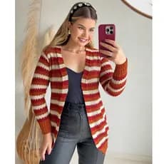 Cardigan Casaco Feminino Tricot Listrado Aberto Alongado Manga Longa Outono Inverno Tricoliny Modas