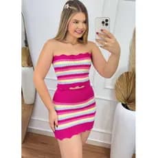Conjunto Tricot Feminino Modal Premium Listrado Cropped Tomara Que Caia Saia Curta Tricoliny Modas