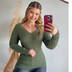 Blusa Tricot Feminina Trançada Suéter  Manga Longa Gola V Premium Moda Outono Inverno Tricoliny Moda