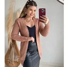 Casaco Cardigan Tricot Alongado Feminino Texturizado Manga Longa Outono Inverno Tricoliny Modas