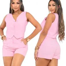 Conjunto Feminino Alfaiataria - Colete e Short Barbiecore
