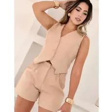 Conjunto Feminino Alfaiataria - Short e Colete Moda Elegante Chic