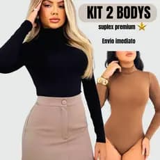KIT 2 Body Collant Segunda Pele Gola Alta Manga Longa Suplex Tendência Moda Blogueira