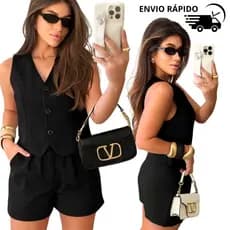 Conjunto Feminino Alfaiataria Luxo - Colete e Shor Moda Gringa Chic