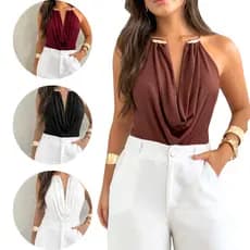 Body Feminina Colar Decote Drapeado Casual Moda Blogueira Luxo Elegante