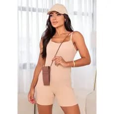 Macaquinho Feminino Canelado Short Alça Fina Decote Quadrado Básico Nude Bege Verão