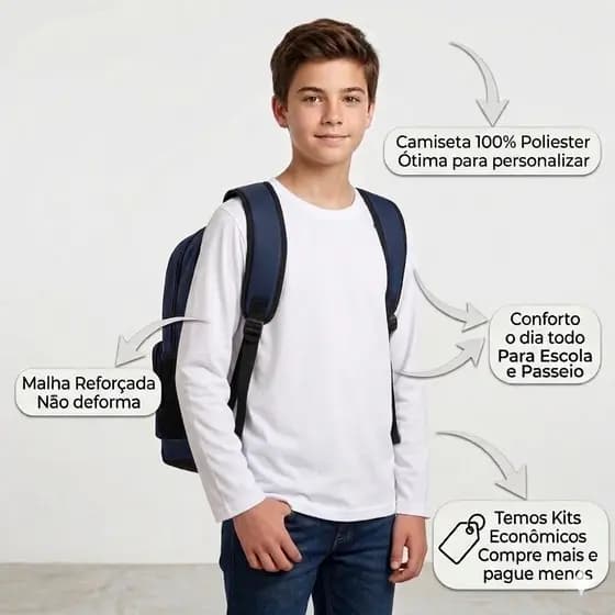 2 Camisetas Infantis Manga Longa Branca Básica Poliéster Não Amassa Escolar Uniforme Sublimação