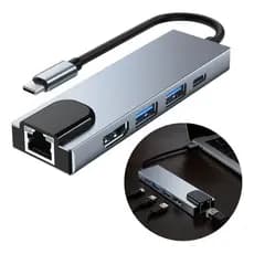 Adaptador Hub 5 Em 1 Hdmi Rede Rj45 Usb 3.0 Tipe C Ethernet Para Notebook E Pc