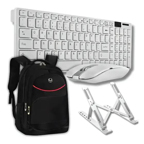 Kit Teclado e Mouse Sem Fio + Suporte para Notebook Aluminio Reforçado de Qualidade E Mochila Qualidade Resistente Offic
