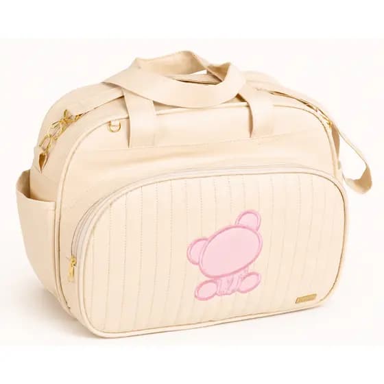 Bolsa Maternidade Grande Bege com Urso Bordado Rosa
