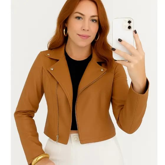 Jaqueta Feminina De Couro Ecológico Com Ziper Inverno detalhes no bolso com botão