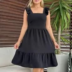vestido curto lisa duna com babada na manga lastex nas costa Verao Moda Evangélica