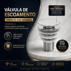 Válvula Click ABS Com Tampa Inox Para Cubas Porcelana e Vidro - Ralo click para cuba