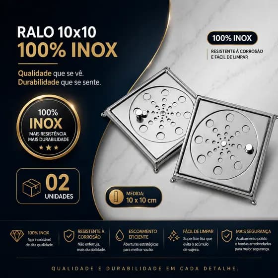 Ralo 100% Inox 10 x 10 Quadrado, Conjunto 02 Unidades Ralo Banheiro Feito Em Inox Com Grelha