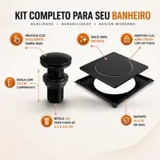 Ralo Clic Preto 100% Inox, Valvula Clic Inox e Abs, Conjunto Ralo + Valvula Banheiro