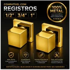 Kit 2 Acabamento Registro Chuveiro Quadrado Padrão Deca 1/2 e 3/4 e 1 Polegada 100% Metal Dourado