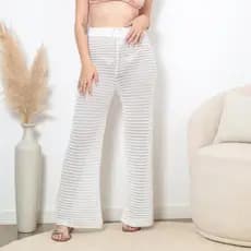 Saida De Praia Calça Pantalona Lisa Com Cordão Lisa Croche Moda Verão Blogueira Luxo Trico Tricot Moda Feminina Verão