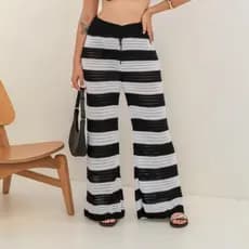 Saida De Praia Calça Pantalona Com Cordão Listrada Croche Moda Verao Blogueira Luxo Trico Tricot Moda Feminina Verão