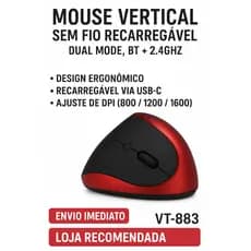 Mouse Vertical Sem Fio Recarregável VT-883 – Ergonômico, Dual Mode (BT + 2.4GHz)