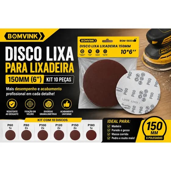 DISCO LIXA PARA LIXADEIRA 150MM COM VELCRO – KIT 10 PEÇAS BOMVINK BOM-5603