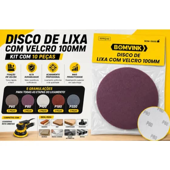 DISCO DE LIXA COM VELCRO 100mm/115mm/125mm – KIT COM 10 PEÇAS